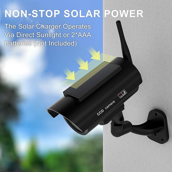 WALI Dummy Fake Camera, Solar Powered Fake Security Camera with LED Light, Simulated Surveillance Security CCTV Dome Cameras with Antenna and Warning Sticker Indoor Outdoor (SOL-TCB2), 2 Packs, Black