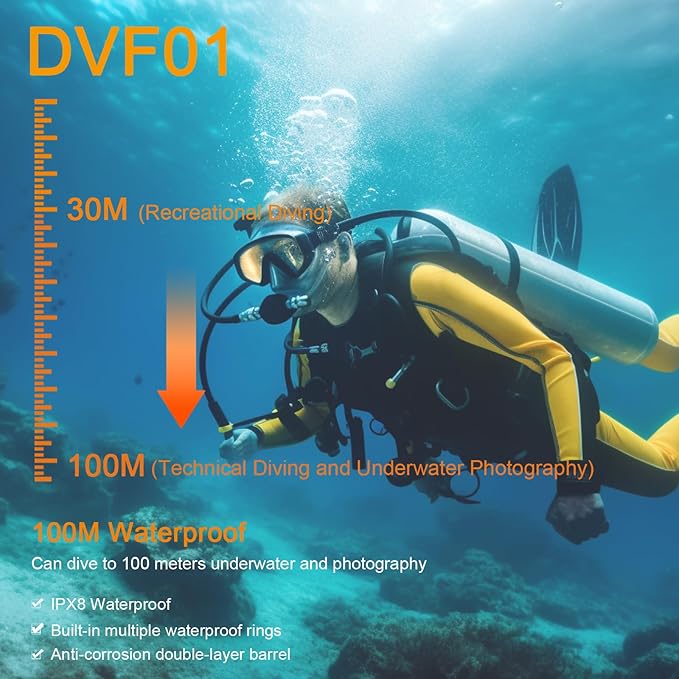 Diving Light for Underwater Photography, DVF01 25000 Lumens, 100m Underwater Video Light, Aluminum Alloy Diving Flashlight with Type-C Charging Waterproof Flashlight for Photography