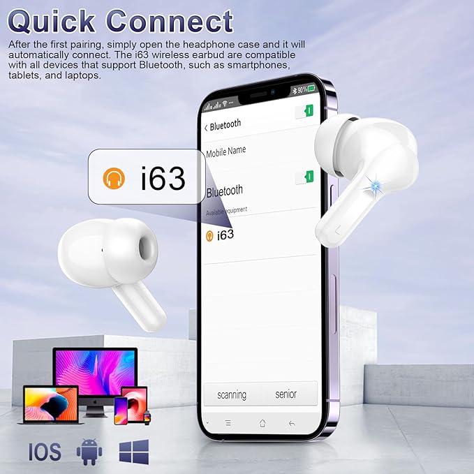 i63 Wireless Earbuds, Bluetooth 5.3 with ENC Noise Cancelling Mics, 40H Playtime, IP7 Waterproof, Touch Control, LED Display, In Ear Headphones, White
