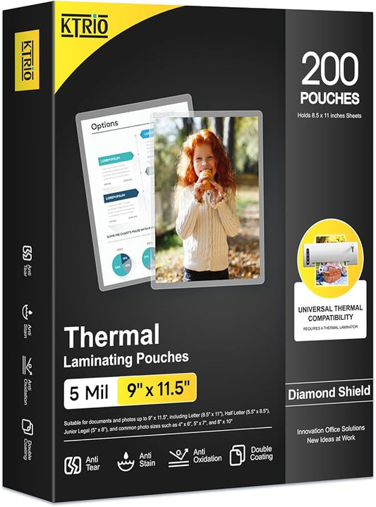 KTRIO Laminating Sheets 5 Mil, Hold 8.5 x 11 inches Sheet, 200 Pack Clear Thermal Laminate Pouches for Laminator, 9 x 11.5 inches Lamination Sheets, Home Office School Supplies