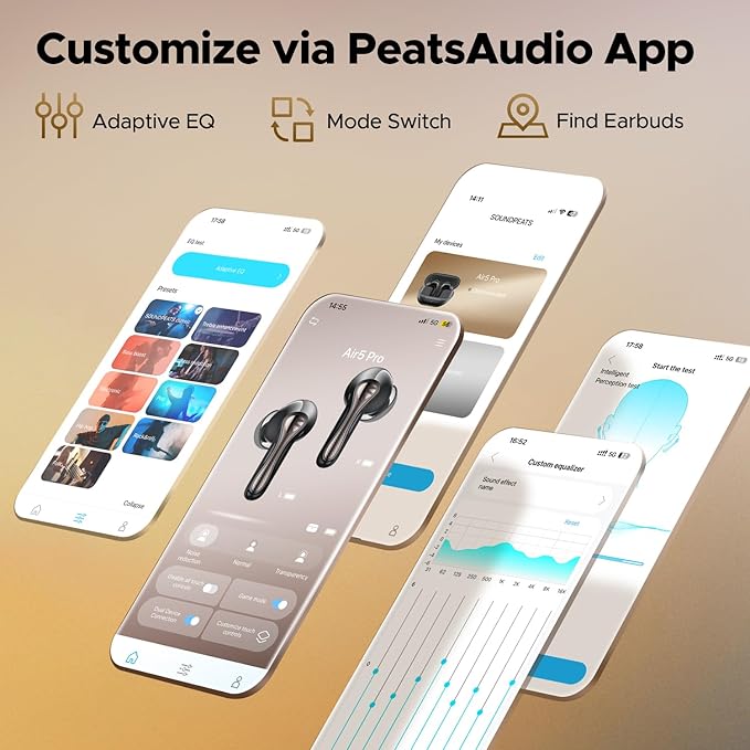 SoundPEATS Air5 Pro Hi-Res Wireless Earbuds, LDAC & aptX Lossless, 10mm Hi-Fi Driver, Snapdragon Sound, Adaptive ANC, 37H Battery, BT 5.4, IPX5 Waterproof, Multipoint Connection