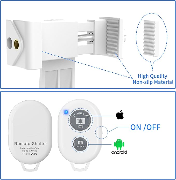 Universal Phone Tripod Mount Adapter with Ｗireless Camera Remote, Cell Phone Holder with Adjustable Clamp for Selfie Stick Monopod Compatible with iPhone, Samsung and so on -White