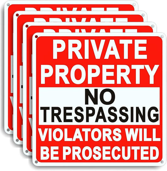 4 Pack Large No Trespassing Signs Private Property, 9.5 Inch x 9.5 Inch Private Property Metal Sign, Rust Resistant Aluminum, With Reflective Material, Durable, Weather Resistant, Easy To Install