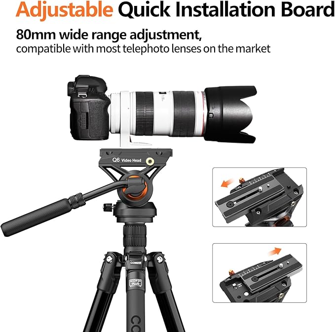 COMAN Fluid Head Tripod for DSLR Camcorder,Camera Monopod Tripod 360° Pan&+90°/-70° Tilt,New Q6 Fluid Head Aluminum Alloy QR Plate Compatible with DJI RS Gimbal Manfrotto Max Load 17.6lb