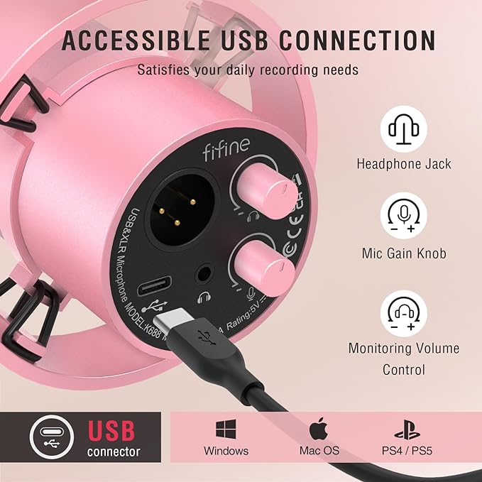 FIFINE XLR/USB Dynamic Microphone, Studio XLR Vocal Podcast Microphone for Recording, USB Streaming Mic with Mute Button, Gain Knob, Headphones Monitoring for Voice-Over, Video-Amplitank K688 Pink