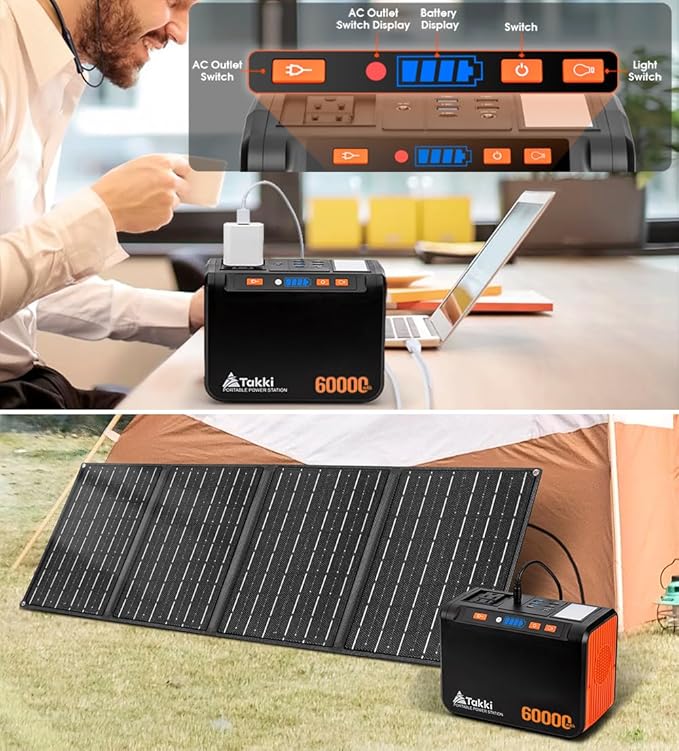 Takki Solar Generator 250W Portable Power Station with 40W Solar Panels 222Wh Pure Sine Wave Camping Lithium Battery Power Bank with AC 110V Outlet for Camping Home Use Emergency Outdoor