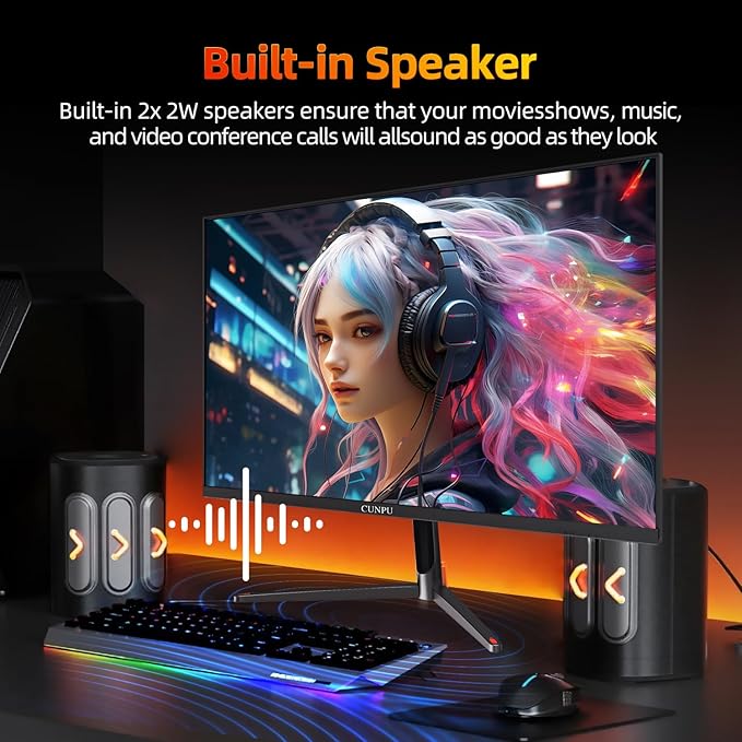 24 Inch 1080P 200Hz Gaming Monitor, FHD Fast IPS Panel, 124% sRGB 1ms HDR Zero-Frame Computer Monitor, Built-in Speaker, HDMI 2.1, DisplayPort 1.4, FreeSync & G-Sync, Tilt, VESA, Eye Care