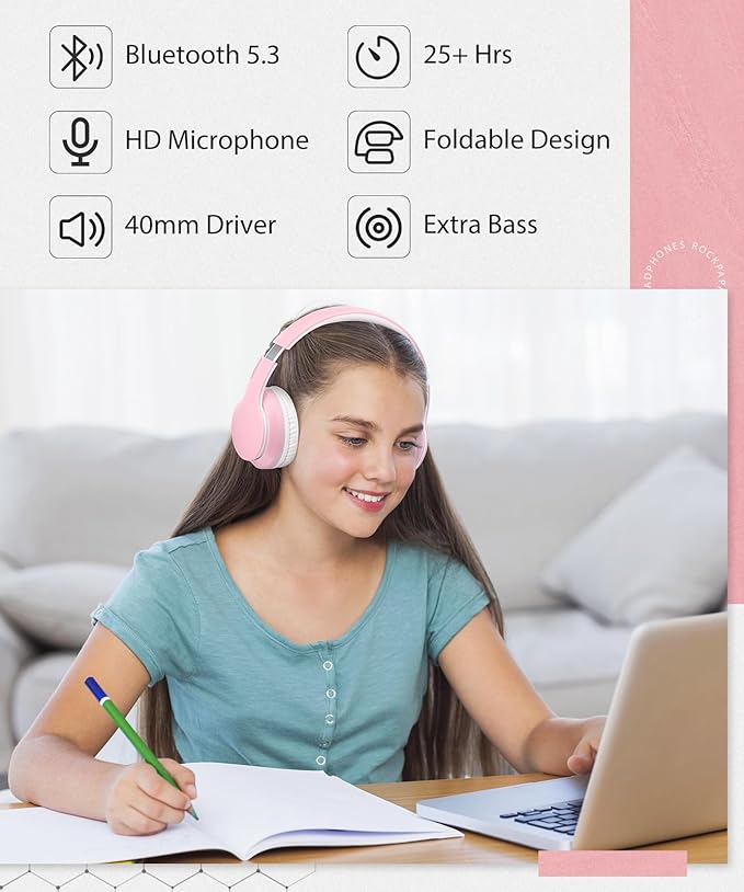rockpapa E7 Over Ear Wireless Bluetooth Headphones with Mic Without Travel Case, Foldable Wired/Wireless Headphones with Microphone for Kids Childrens Boys Girls Teen Youth Adult Pink White