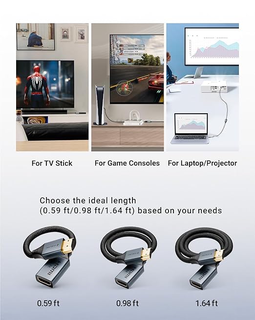 VCELINK 8K Short HDMI Extender Cable 0.6 FT Ideal for Tight Spaces, HDMI Extension Male to Female Adapter, Compatible with Roku TV Stick, HDTV, Game Console, Laptop (1 Pack, 1FT)