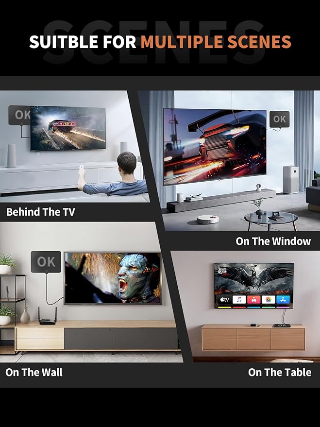 TV Antenna Indoor, 2025 Upgraded Amplified HD Digital TV Antenna for Smart and Older TV’s Up to 900 Miles, Digital HDTV Antenna Support 4K 1080p VHF UHF Local Channels (Black)