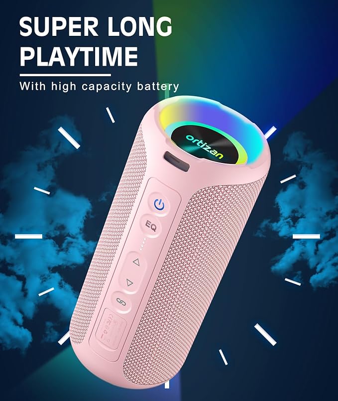 Ortizan Bluetooth Speakers, Portable Wireless Stereo Speaker - IPX7 Waterproof, 30W RMS(40W Peak) Loud Sound, Deep Bass, LED Light, Bluetooth 5.3, for Home/Shower/Outdoor/Beach, Gifts for Adult, Pink