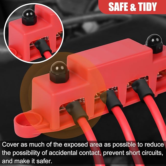 Bus Bar 12v Power Distribution Block 250A Bus Bar with 4 x 3/8" Studs Marine Battery Busbars Terminal Ground Distribution Block with Cover for Automotive, Boat, Car, Solar Wiring (Pair, Red & Black)