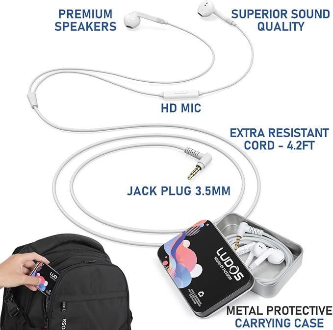 LUDOS FEROX Wired Earbuds in-Ear Headphones, 5 Year Warranty, Earphones with Microphone, Noise Isolation Corded for 3.5mm Jack Ear Buds for iPhone, Samsung, Computer, Laptop, Kids, School Students