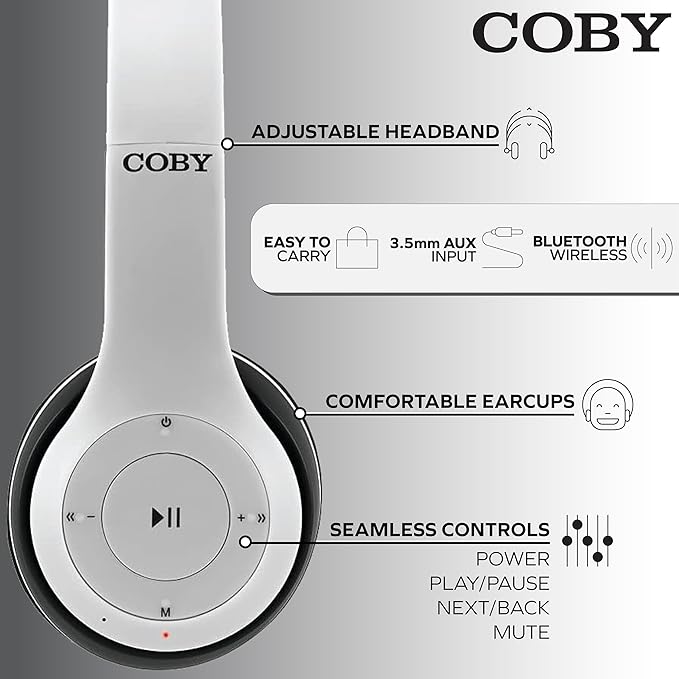Coby Bluetooth Headphones, Rechargeable and Foldable Over-Ear Headset with Mic, TF Card Slot and AUX Input, Hands-Free Controls, 5-Hour Playback, Micro-USB Cable Included, White