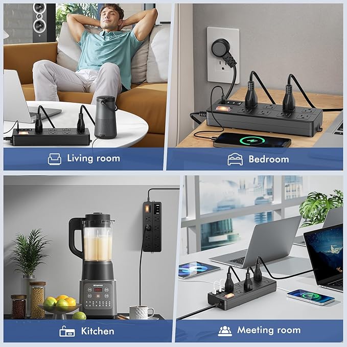 VNJ Outdoor Power Strip with 8AC Outlets + 4USB Ports, IPX6 Waterproof Surge Protector, Safety Lock Design and ETL-Certified Cables, 10FT Extension Cord for Home, Garden, and Commercial Use