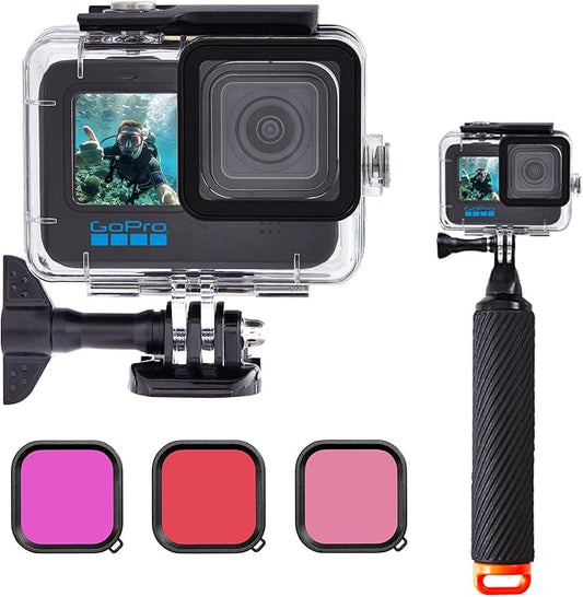 Waterproof House Case with Dive Filters Set and Floating Hand Grip for Gopro Hero 9/10/11/12, Under Water Protective Case Support 60M / 197 FT Deep Diving