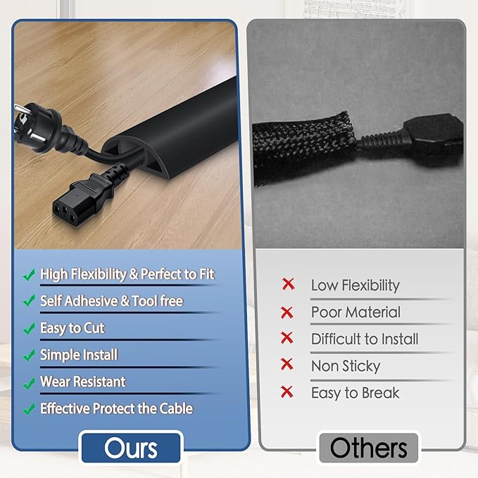 Floor Cord Cover for Wires on Floor Self Adhesive Cord Hider Floor Cable Management Wire Covers for Cords Protector Prevent Cable Trips Cord Cavity W 0.59" x H 0.31", Black, 3.3Ft