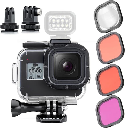 Waterproof Case for GoPro Hero 8 Black with 4-Pack Dive Filter, 60M Underwater Diving Housing Case with Red, Light Red, Magenta, Close-up Filters for GoPro Hero 8 Black Camera