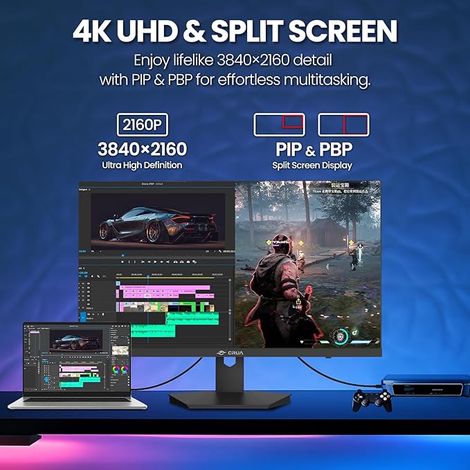 CRUA 27” 4K Gaming Monitor, UHD 3840x2160 160Hz IPS Screen, Height/Pivot/Swivel/Tilt Adjustable Vertical Monitor, Support AMD FreeSync, Built-in Speakers, 120% sRGB, PIP/PBP, HDMI 2.1 & DP 1.4-Black