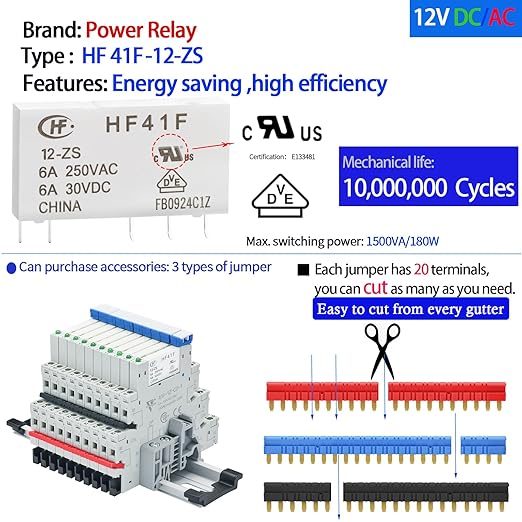 (10Pcs) 12V Relay Din Rail; Silm Relay 12V DC/AC 6Amp 5Pin 1NO 1NC SPDT with LED Indicator, Socket, Jumper DIN Rail Mount 12 Volt UL Certification