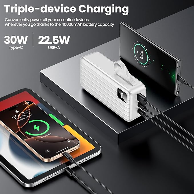 Portable Charger 50000mAh Power Bank with 2 Built-in Cable,22.5W Fast Charging External Battery Pack,LED Display USB-C Portable Cell Phone Charger for iPhone 16/15/14/13 Pro,Android,Samsung Galaxy,Etc
