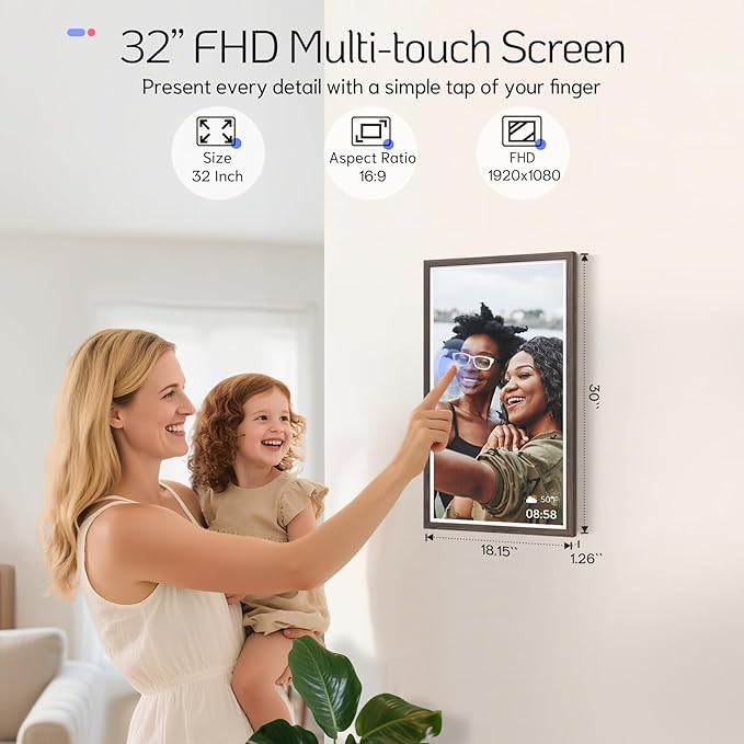 NexFoto Large Digital Picture Frame 32 Inch Touchscreen, 64GB FHD 1920 * 1080 WiFi Digital Photo Frame, Add Photos from Google Photos, Share Videos, for Housewarming/Wedding/Birthday, Dark Wood