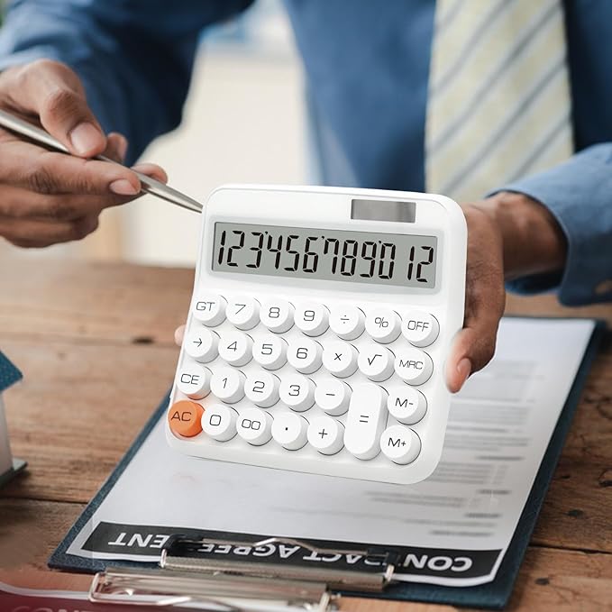 White Calculator, Standard Calculator 12 Digit with Large LCD Display and Big Buttons, White Office Supplies and Desk Accessories for Home, Office, School, Class and Business