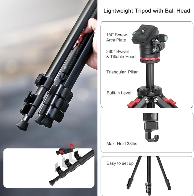Travel Tripod, 68" Camera Tripod with 360° Ball Head Lightweight Aluminum Portable for DSLR/SLR Cameras, Video Camcorders, Action Cameras, Phones, Telescopes...8.8lbs (TM66-LB36)