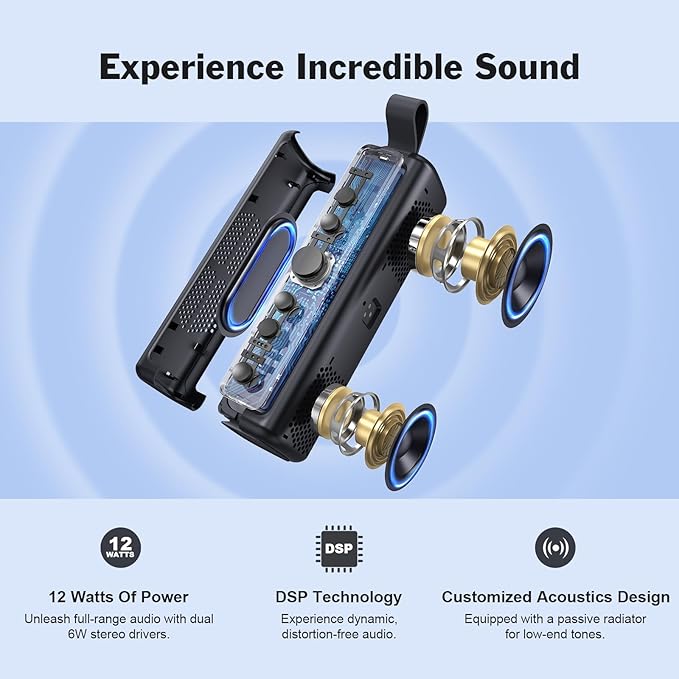 DOSS Bluetooth Speaker, E-go II Portable Speaker with 12W Superior Sound and Loud Bass, IPX6 Waterproof, Built-in Mic, 12H Playtime, Waterproof Speaker for Pool, Beach, Outdoor, and Travel - Grey