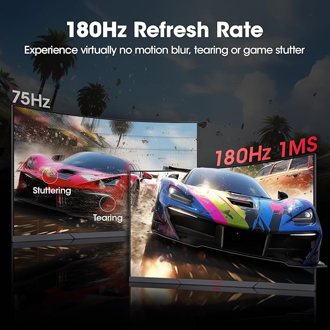 KOORUI Curved 27 Inch Gaming Monitor, Full HD 1080p R1500 180Hz VA Computer Monitor, 99% sRGB, Built-in Adaptive Sync, 1 x Display Port 1.2 & 2 x HDMI 2.0, Eye Care, VESA Compatible, Black 27E6CA