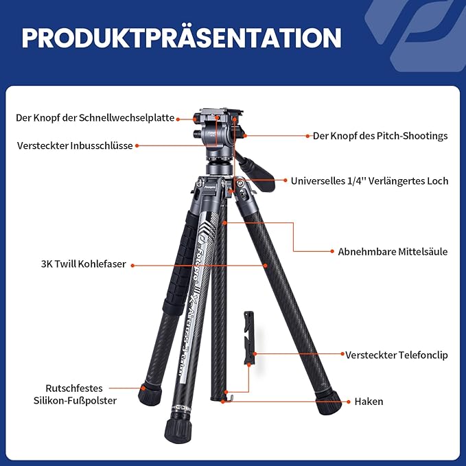 Fotopro Carbon Fiber Travel Tripod 2.2lbs Ultralight 64 Inch Portable Compact Travel Video Tripod for Camera DSLR Load up to 22lb X-Aircross 3 Lite Video Grey