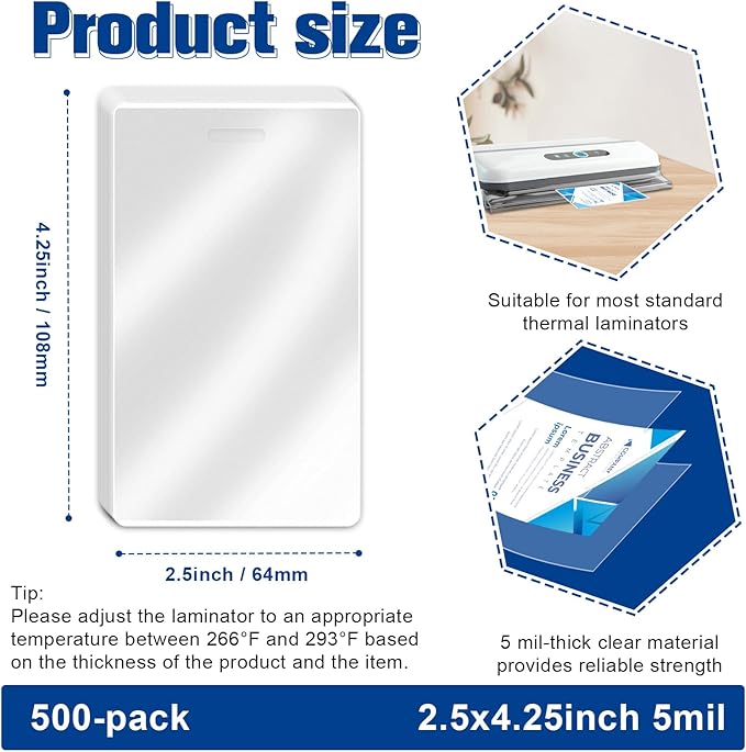 500 Pack 5mil 2.5“x4.2" Thermal Laminating Pouches Badge Laminate Pouches Clear Laminated Luggage Tags Printable Laminator Pouches for Business Permits Cards (500, 2.5" x 4.2"-5mil-with Holes)