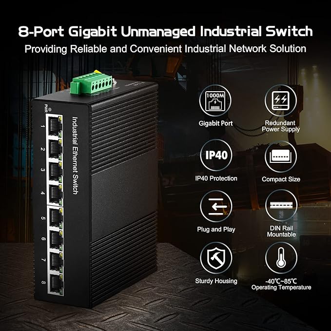 8 Port Gigabit Industrial Ethernet Switch, 8 Ports 10/100/1000Mbps, Fanless Wall Mount and Din Rail, Metal IP40 -40~75°C, with One Power Supply