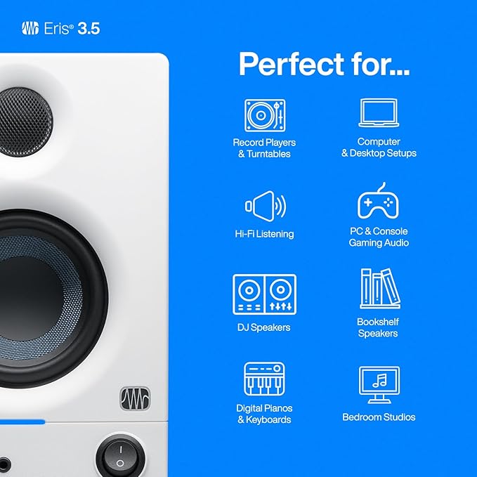 PreSonus Eris 3.5 Studio Monitors (White), Pair — 3.5" Inch Powered Bookshelf Speakers, Stereo, Desktop Computer, Near Field Music Production, Audio Mixing Recording