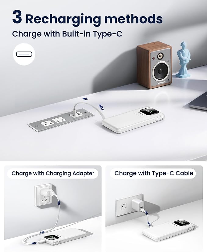 Portable Charger Power Bank with Built-in Type C Cables, 22.5W Fast Charging 10000mAh Phone Charger, Travel Battery Pack Slim Battery Bank with Smart LED Display for iPhone, Android & USB-C Devices