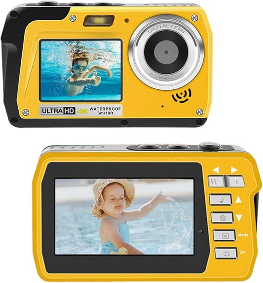 4K Underwater Camera, Full HD 4K&48MP Compact, 10FT Waterproof Camera for Snorkeling, Surfing, Rafting, Dual-Screen for Selfie/16X Digital Zoom/Fill Light/Support 128GB （Yellow）