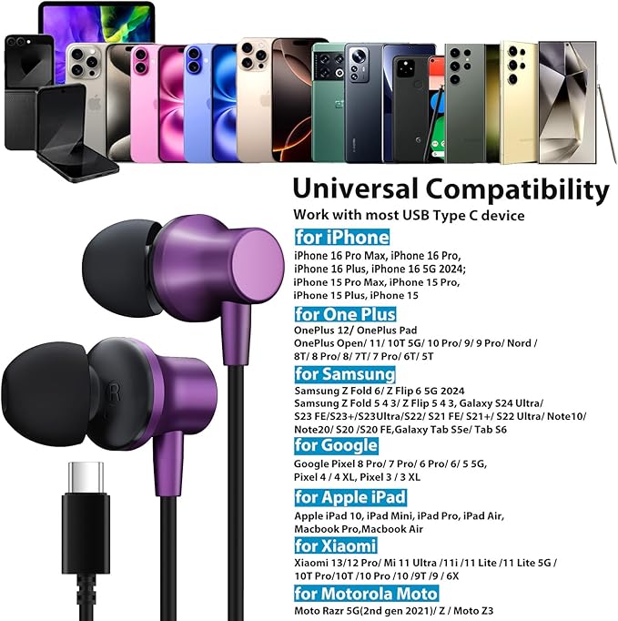 USB C Wired Earbuds for iPhone 17 16e 16 15 Plus Samsung Z Flip 6 Fold 5, Type C Headphones with Mic Magnetic Noise Canceling in-Ear Earphone Headset for iPad Air Pro Oneplus 13 Galaxy S25 S24 Pixel 8