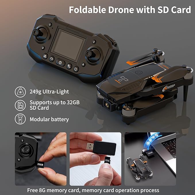 Drone with Camera for Adults, 1080P HD Drones with LCD Screen Controller with 8GB SD Card, Brushless Motors Quadcopter for Beginners, Stable Hover, Waypoint Fly, One-Key Takeoff/Landing, Portable Drone for Kids
