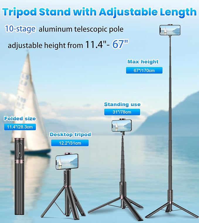 TONEOF 67" Cell Phone Selfie Stick Tripod,Smartphone Stand All-in-1 with Integrated Wireless Remote,Portable,Lightweight,Extendable for iPhone/Android(Black)