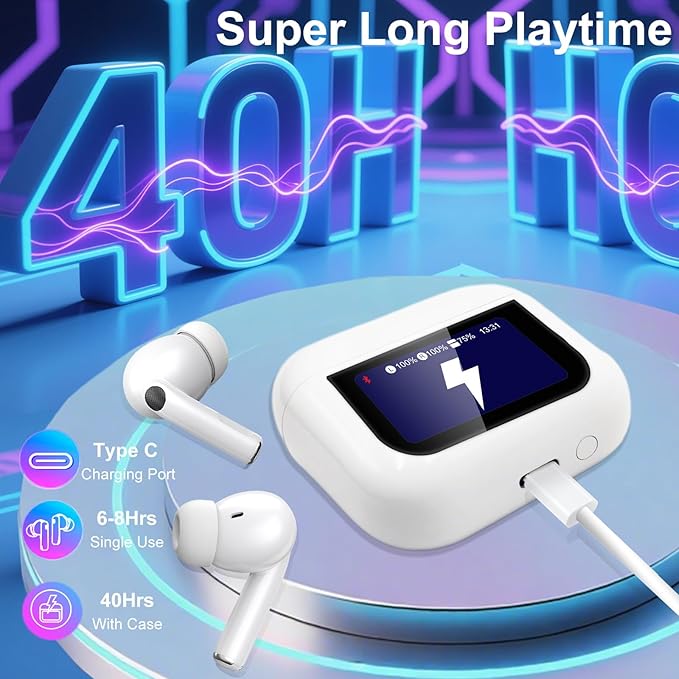 Wireless Earbuds, Earphones Wireless Bluetooth 5.4 In Ear Headphones, 40H Hifi Sound ANC Noise Canceling Earbuds, Touch Screen Ear Buds Multifunctional Headsets for Android/IOS Work Gym Sports (White)