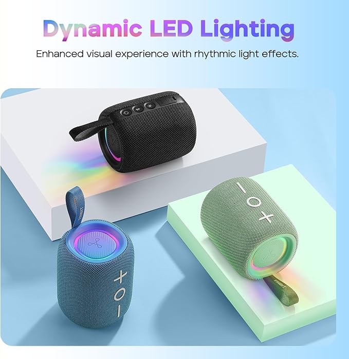 Tribit Portable Bluetooth Speaker StormBox Mini+, 12W Shower Speaker with 360°Surround Sound, 12H Playtime, Custom EQ, BT5.4, IPX7 Waterproof, RGB Lights, Type-C, AAC/SBC, TWS, Party/Beach/Gift (Blue)