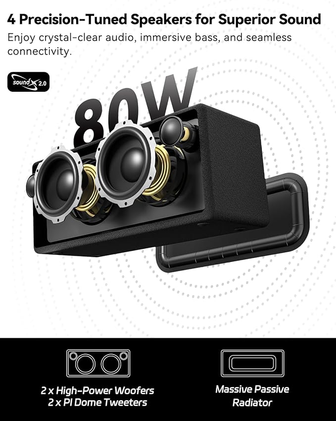 Bluetooth Speaker, 80W Peak Retro Speakers Bluetooth Wireless, Portable Loud Speaker with Deep Bass, IP67 Waterproof, LED Lights, TWS Pairing, 8-12H Playtime, TF/AUX/USB Input for Party, Home, Outdoor