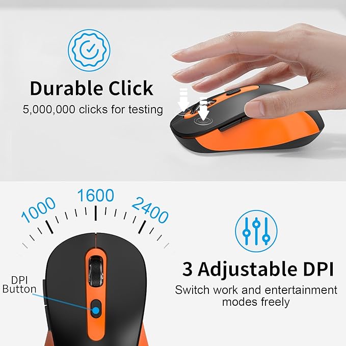 Wireless Mouse for Laptop, PC, Chromebook, Mac, MacBook, Silent Mouse with USB Nano Receiver, Side Button, 2400 DPI, Anti Slip Roller, 6 Button Ergonomics Cordless Computer Mice - Black Orange