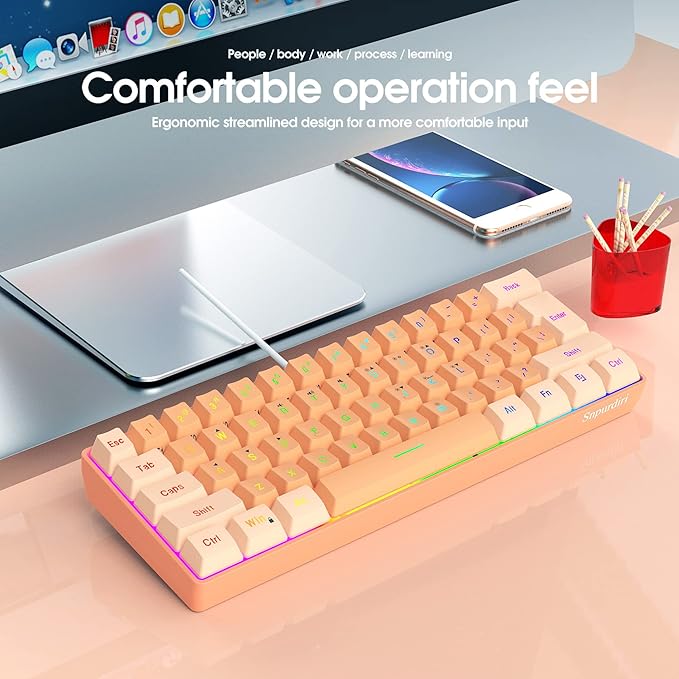 Snpurdiri 60% Wired Gaming Keyboard, RGB Backlit Ultra-Compact Mini Keyboard, Waterproof Mini Compact 61 Keys Keyboard for PC/Mac Gamer, Typist, Travel (Cream and Orange)