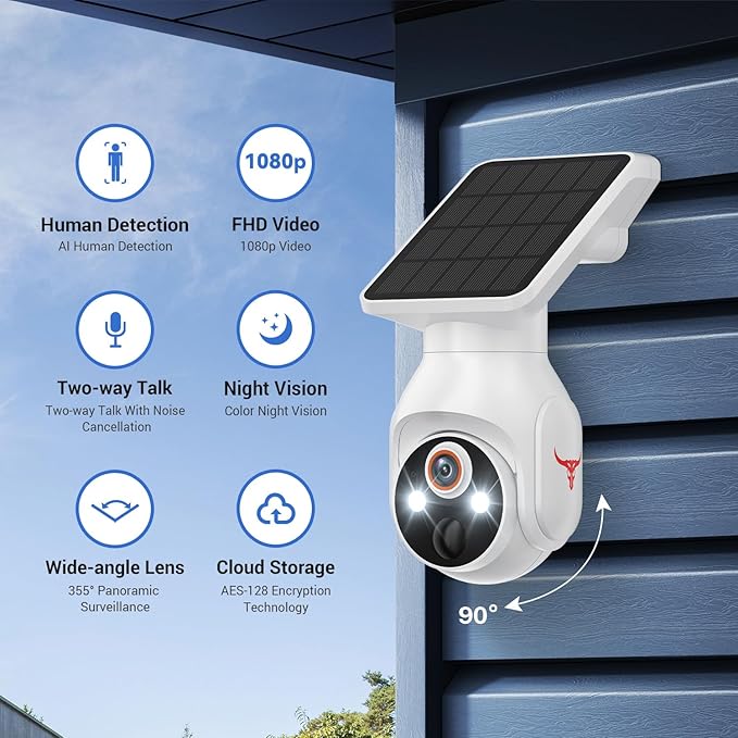 1080p WiFi Outdoor Security Camera with Solar Panel, Battery Powered, AI Motion Detection, Night Vision, Two Way Talk, IP65, Cloud Storage, Human Detection, 2.4GHz Only, Pan Tilt