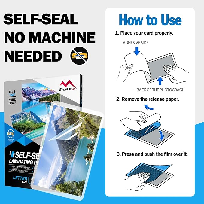Everest Self Seal Laminating Pouches, Self Sealing for Letter Size, 9x12 Inch, Document and Certificate, Waterproof, 10 Mil Thick, Gloss Finish, No Machine Needed (9X12, 25, Pack)
