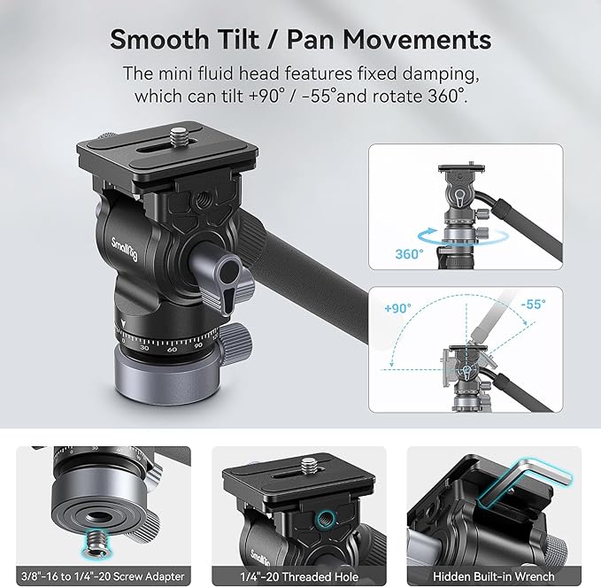 SmallRig CT190 Professional Video Tripod, 72" Camera Tripod with Leveling Base, Monopod Conversion, Video Tripod for Travel, Video and Vlogging, with Carry Bag, Load up to 8.8 lbs/4 kg - 4319