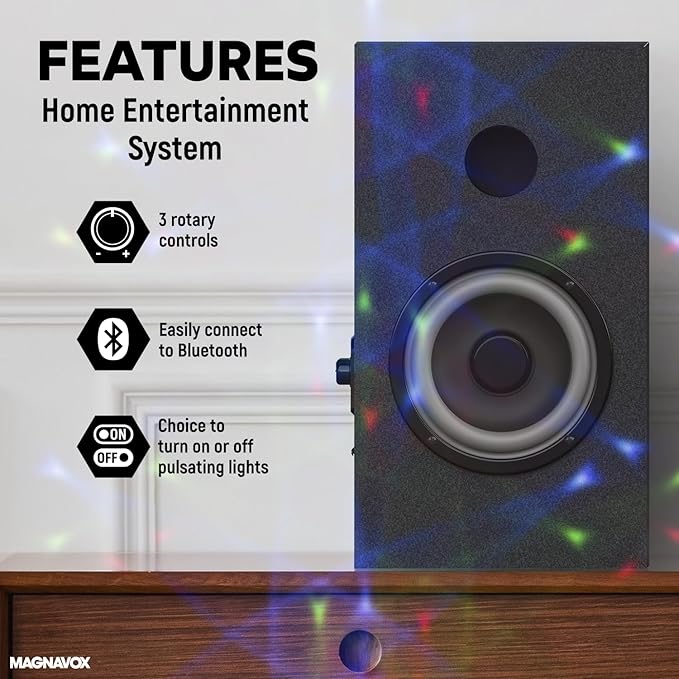 Magnavox MHT990 2.1 Home Entertainment System with Bluetooth Wireless Technology and Color Changing Lights in Black | AUX Port | Subwoofer with 2 Speakers | Pulsing Lights |