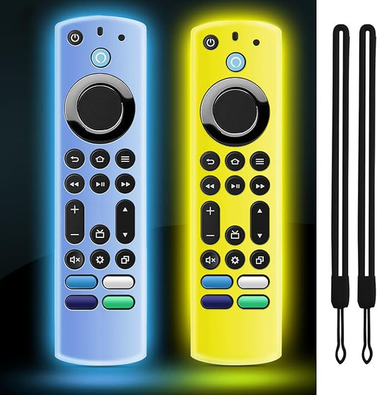 (2 Pack) ONEBOM Silicone TV Remote Cover, (6.2 Inch*1.5 Inch) Glow in The Dark, Anti Slip Silicone Protective Case with Lanyard(Glow Blue&Glow Yellow)