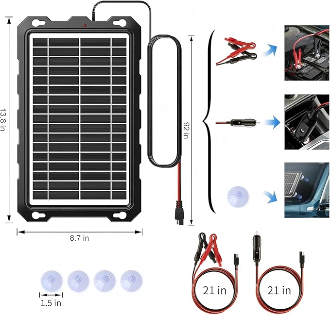 POWOXI-9W-Solar-Battery-Trickle-Charger-Maintainer -12V Portable Waterproof Solar Panel Trickle Charging Kit for Car, Motorcycle, Boat, Marine, RV, Trailer, Powersports, Snowmobile, etc.